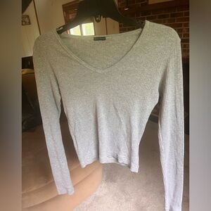 Brandy Melville Grey Knitted V Neck Long Sleeve Top